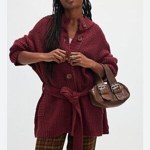 Free People Brooklyn Belted Chunky Button Front Cardigan Women's XS Pomegranate